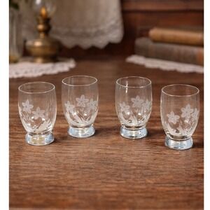 Vintage Etched Floral Shot Glasses Set of 4 Footed Glassware Made in Romania